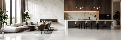 Modern living room and dining area with white marble wall cladding ai generative