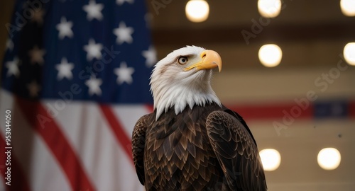 An eagle on a pulpit giving a speech asking for votes during the presidential election, with a blurred American flag background