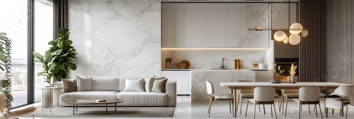 Modern living room and dining area with white marble wall cladding ai generative
