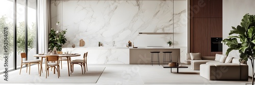 Modern living room and dining area with white marble wall cladding ai generative