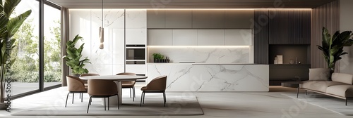 Modern living room and dining area with white marble wall cladding ai generative