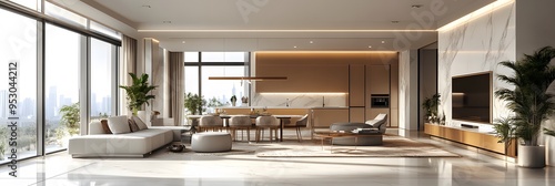 Modern living room and dining area with white marble wall cladding ai generative