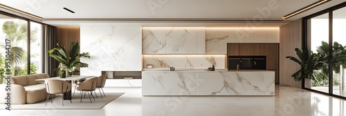 Modern living room and dining area with white marble wall cladding ai generative