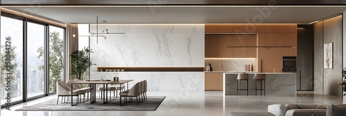 Modern living room and dining area with white marble wall cladding ai generative