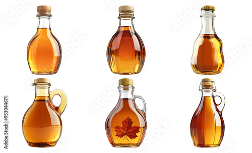 Variety of maple syrup bottles with different shapes isolated on transparent background photo