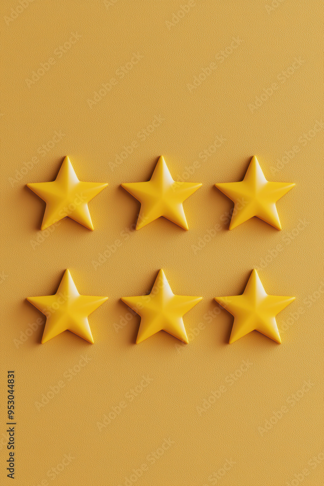 A neatly arranged collection of six golden stars on an orange background. Perfect for rating, review, achievement, success, or decoration concepts. A neatly arranged collection of six golden stars on an orange background. Perfect for rating, review, achievement, success, or decoration concepts.