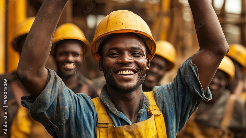 group portrait showing the excitement and joy on the faces of African workers as they celebrate their work at a construction site group portrait showing the excitement and joy on the faces of African workers as they celebrate their work at a construction site
