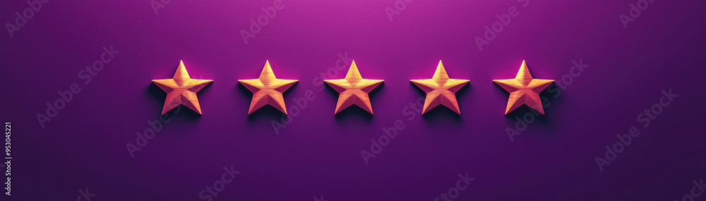 Five golden stars on a purple background, representing excellence, high rating, and quality assurance. Ideal for reviews and feedback visuals. Five golden stars on a purple background, representing excellence, high rating, and quality assurance. Ideal for reviews and feedback visuals.