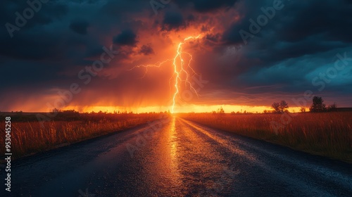 Lightning bolt striking earth during thunder storm in country road