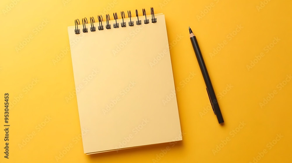Blank Notebook and Pen on Yellow Background Blank Notebook and Pen on Yellow Background