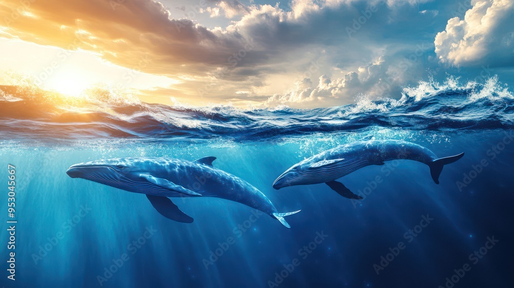 Fototapeta premium two whales swimming, surfacing, ocean horizon, big waves, vibrant, serene atmosphere, playful interaction, calm sky