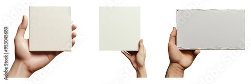 Hand holding a square blank sign isolated on transparent background