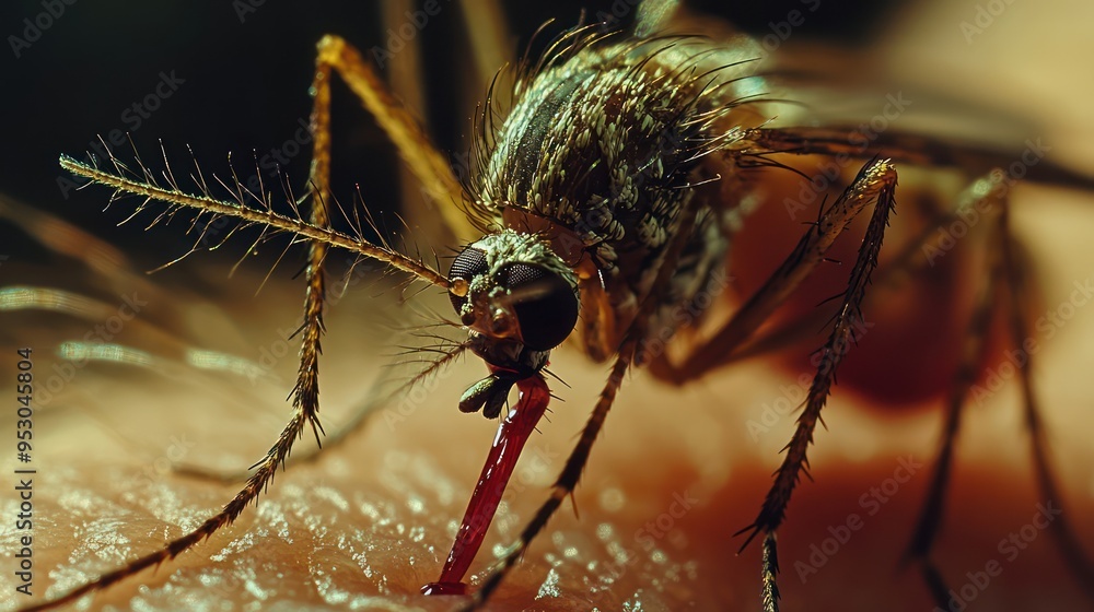 Fototapeta premium mosquito drinks blood out of man. macro shot 