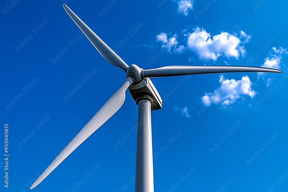 Clean energy output optimization is depicted in a minimalist design focusing on the efficiency of a wind turbine against a clear blue sky Clean energy output optimization is depicted in a minimalist design focusing on the efficiency of a wind turbine against a clear blue sky