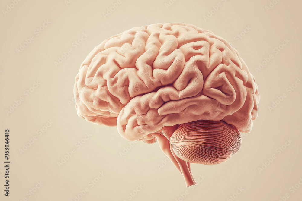 Detailed of the human brain on a beige background, showcasing intricate details and structure for medical and educational purposes. Detailed of the human brain on a beige background, showcasing intricate details and structure for medical and educational purposes.