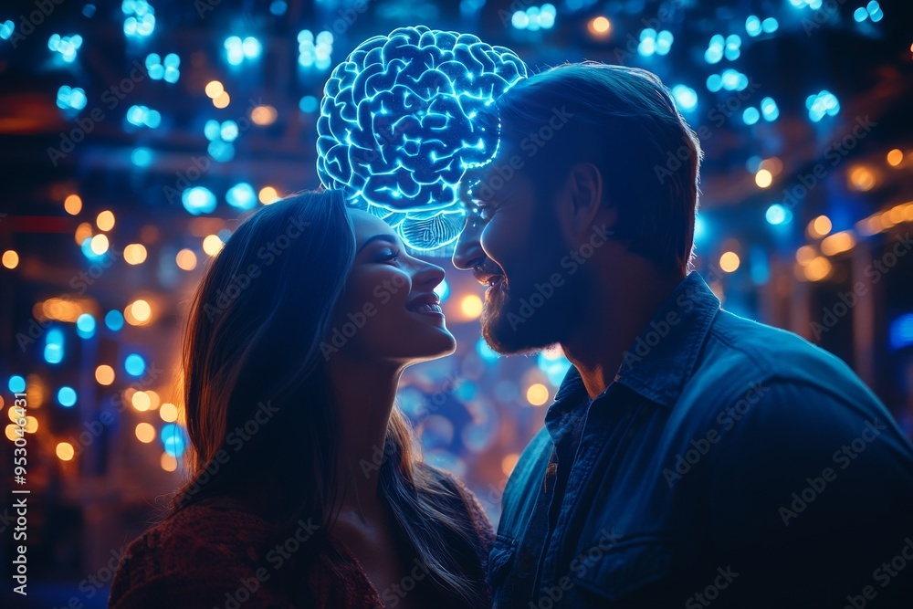 Starry Brain Connection A Couple with Glowing Brain Illustrations Under a Starry Sky Representing Cosmic Thought and Emotional Bonding Starry Brain Connection A Couple with Glowing Brain Illustrations Under a Starry Sky Representing Cosmic Thought and Emotional Bonding