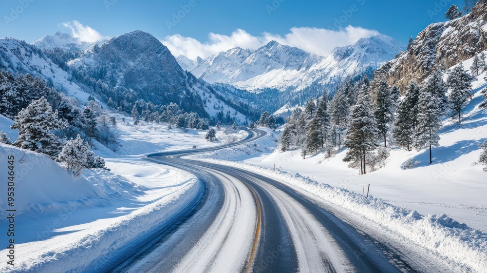 The winding road through snow mountains in winter The winding road through snow mountains in winter