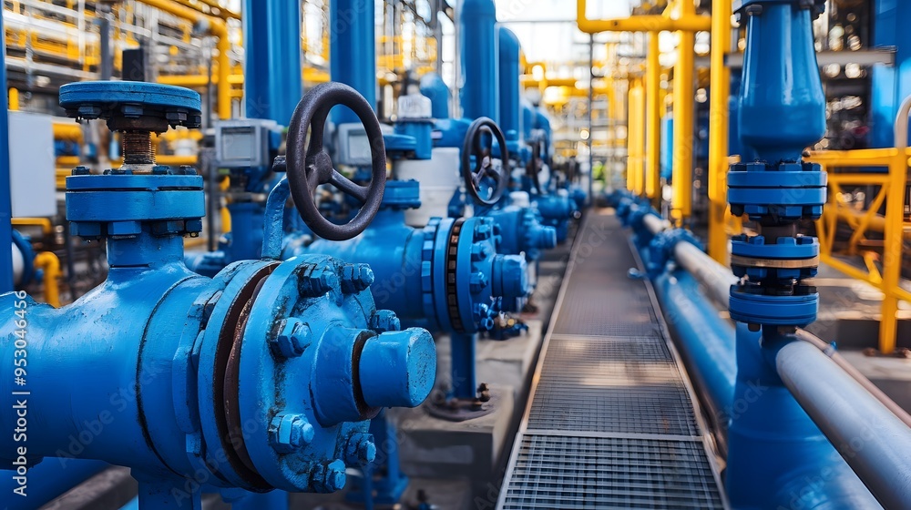 A row of blue pipes with valves on top. The valves are open and the pipes are connected to a large pipe A row of blue pipes with valves on top. The valves are open and the pipes are connected to a large pipe