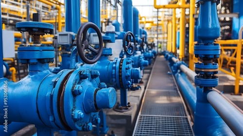 Wallpaper Mural A row of blue pipes with valves on top. The valves are open and the pipes are connected to a large pipe Torontodigital.ca