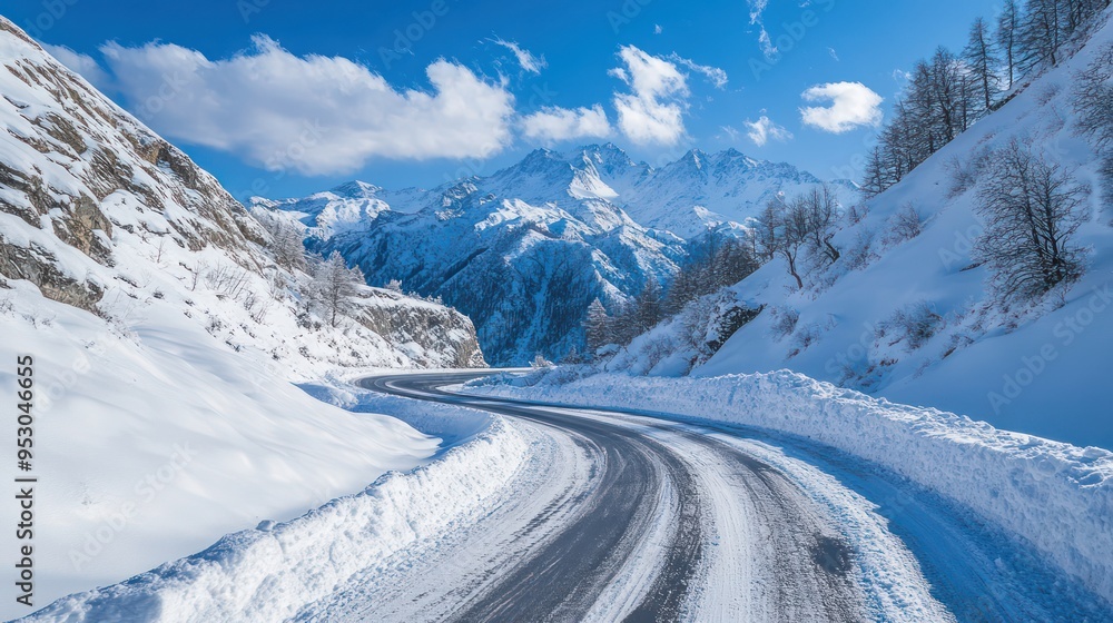 The winding road through snow mountains in winter The winding road through snow mountains in winter