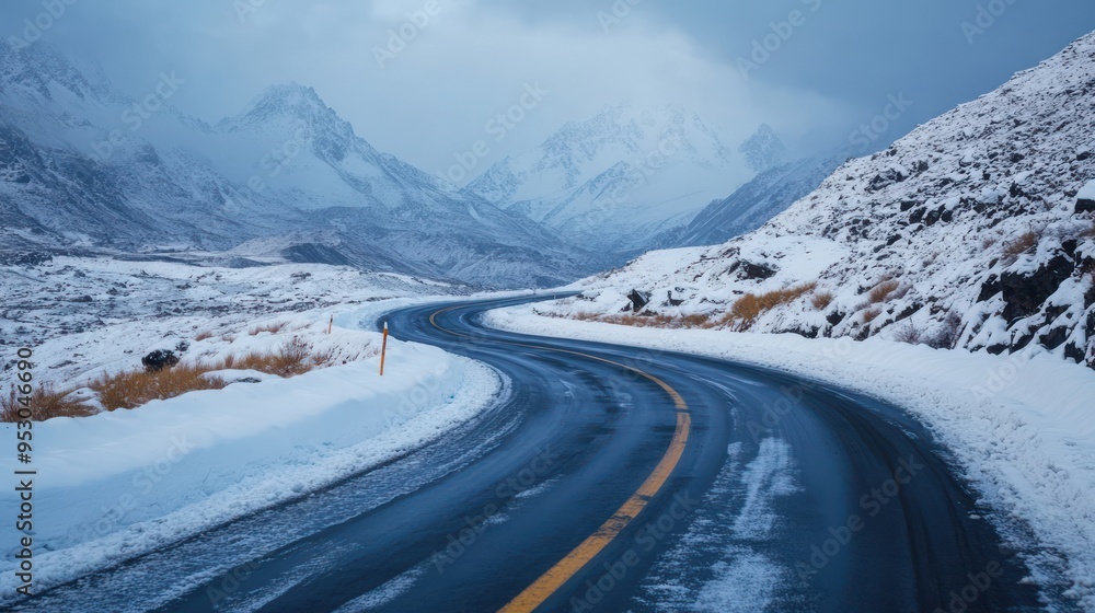 The winding road through snow mountains in winter The winding road through snow mountains in winter