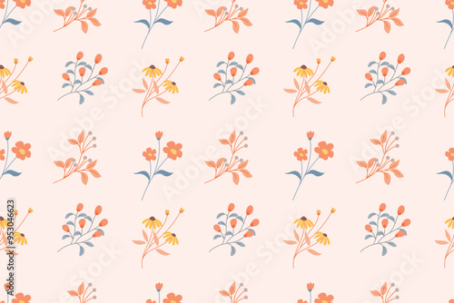 The image shows a repeating pattern of colorful floral illustrations in peach and yellow tones on a light pink background.