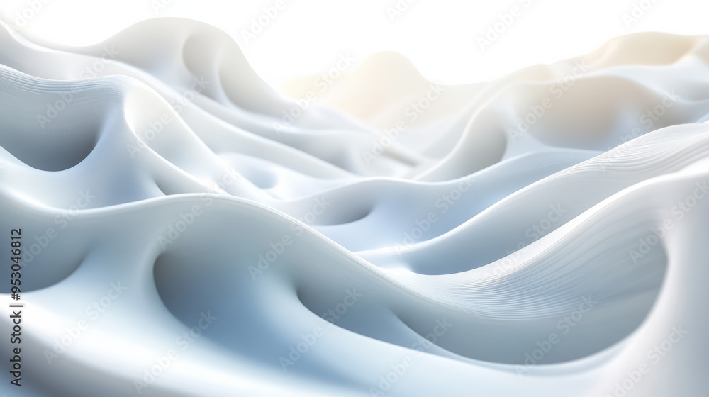 Abstract waves of smooth, flowing white fabric-like material, creating a serene and dreamy landscape with gentle light and shadows. Abstract waves of smooth, flowing white fabric-like material, creating a serene and dreamy landscape with gentle light and shadows.