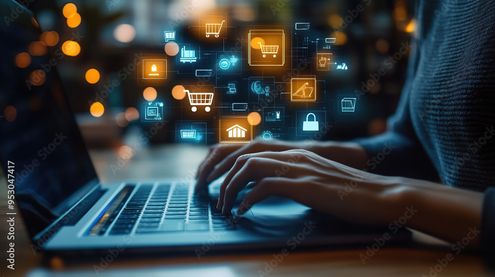 A person typing on their laptop with icons of a shopping cart and e-commerce elements floating above the keyboard A person typing on their laptop with icons of a shopping cart and e-commerce elements floating above the keyboard