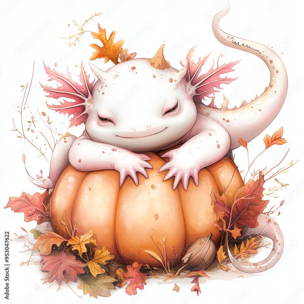 Obraz premium An axolotl cuddling with a Thanksgiving pumpkin clipart, cute and cozy, warm autumn tones, digital painting, isolated on white background