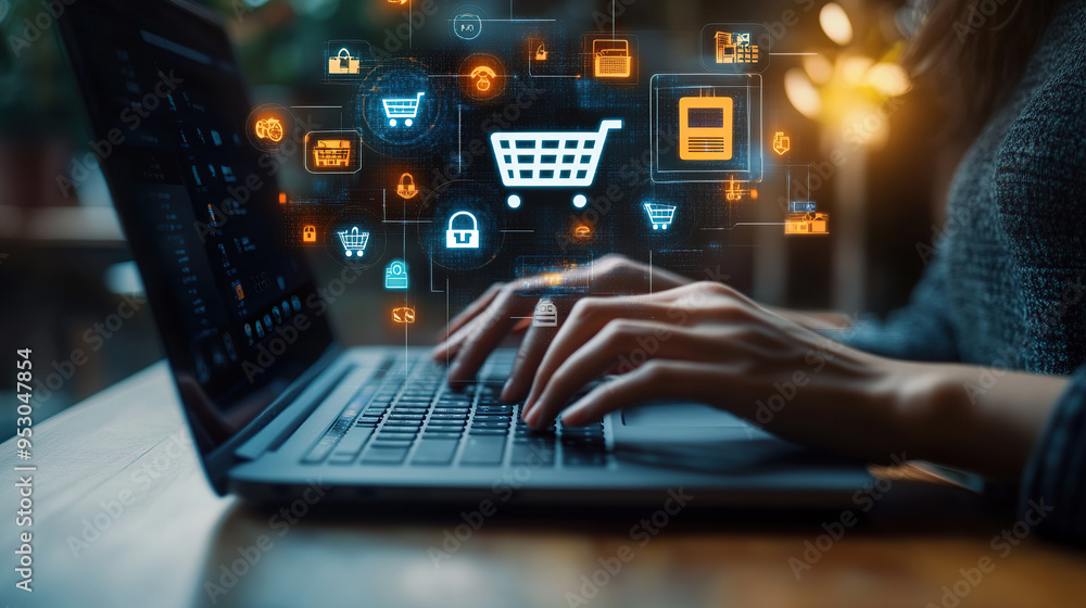 A person typing on their laptop with icons of a shopping cart and e-commerce elements floating above the keyboard A person typing on their laptop with icons of a shopping cart and e-commerce elements floating above the keyboard