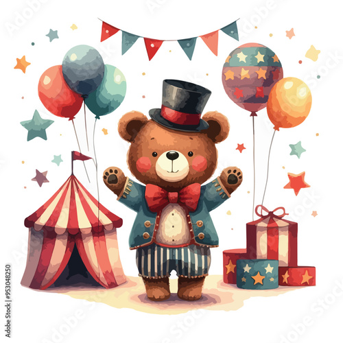 cute circus bear watercolor art style on a white background, logo of a cute circus bear