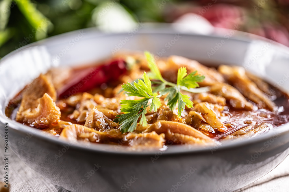 Tasty soup or stew made of beef tripe and spices. Spicy and aromatic tripe soup seasoned with pepper and served with bread Tasty soup or stew made of beef tripe and spices. Spicy and aromatic tripe soup seasoned with pepper and served with bread