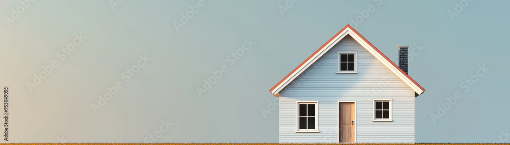 Modern minimalist house in an open field, featuring blue siding, red roof, and chimney, under a clear sky. Modern minimalist house in an open field, featuring blue siding, red roof, and chimney, under a clear sky.