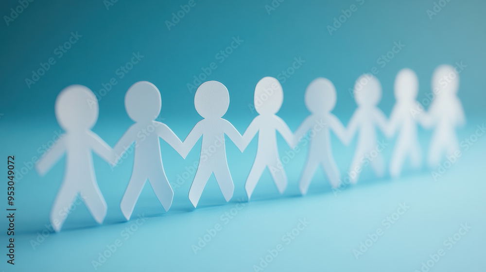 Paper chain of human figures symbolizing unity, teamwork, and community against a blue background. Cutout, connection, and togetherness concept. Paper chain of human figures symbolizing unity, teamwork, and community against a blue background. Cutout, connection, and togetherness concept.