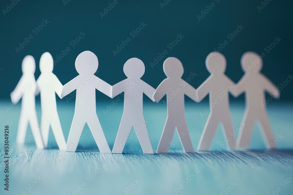 Paper cutout figures holding hands in a line, representing teamwork, unity, and support on a blue background. Paper cutout figures holding hands in a line, representing teamwork, unity, and support on a blue background.