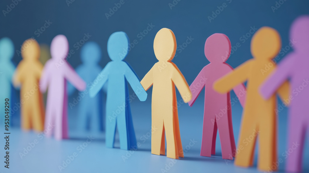Colorful paper cutout people holding hands in a chain, symbolizing diversity, unity, and teamwork against a blue background. Colorful paper cutout people holding hands in a chain, symbolizing diversity, unity, and teamwork against a blue background.