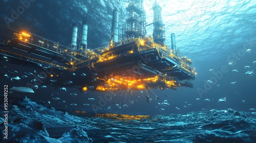 A man in a yellow jacket is looking at a tablet while standing in front of a large oil rig