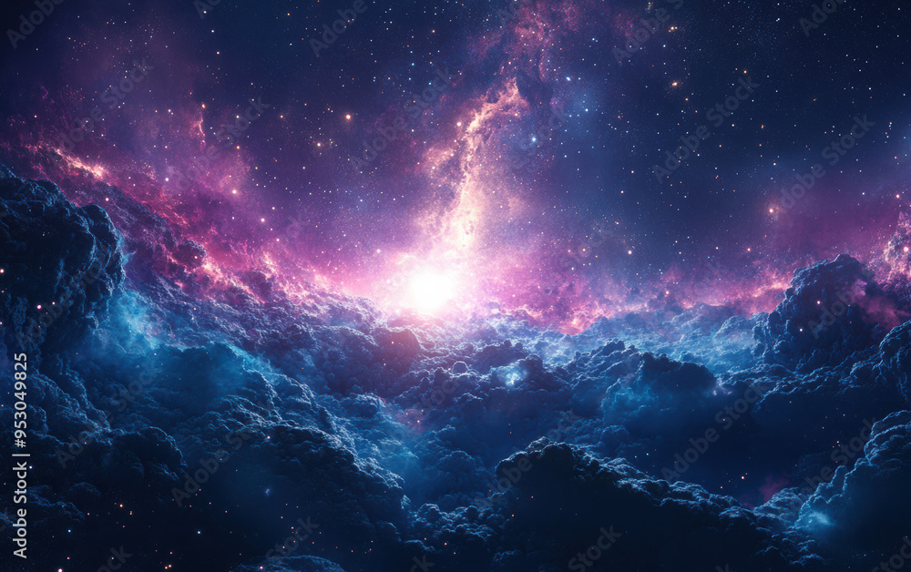 Obraz premium Stunning cosmic landscape with vibrant colors and stellar formations. Majestic view of the universe with galaxies, stars, and nebulas.