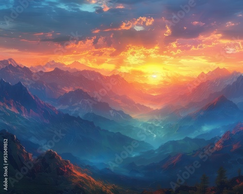 Sunset over mountains, vibrant colors, golden light, dramatic sky, rugged peaks, serene atmosphere, panoramic view