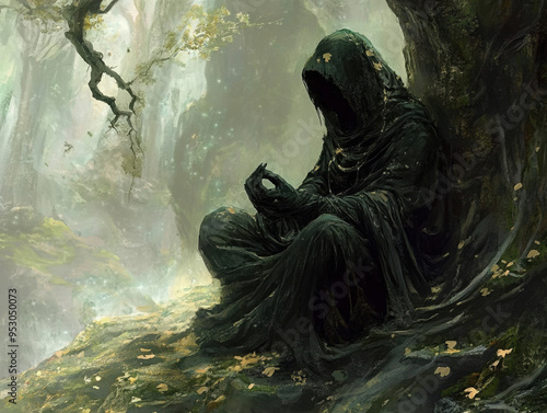 hooded figure mystical forest nature silhouette dark eerie meditation tranquility shadow magic fantasy peace solitude ethereal autumn leaves ancient spirituality 