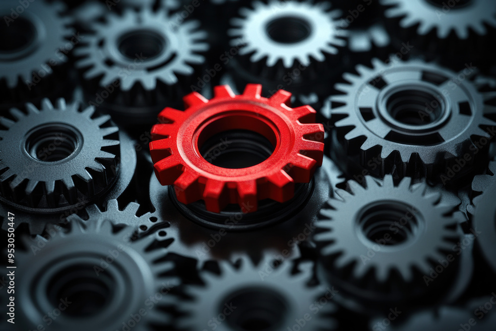 A standout red gear among numerous gray gears symbolizing uniqueness, individuality, leadership, and innovation in a mechanical context. A standout red gear among numerous gray gears symbolizing uniqueness, individuality, leadership, and innovation in a mechanical context.