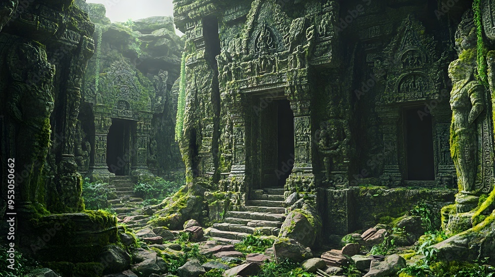 Jungle-enveloped ancient ruin with moss-covered stones and vines clinging to intricate carvings detailed 3D rendering of hidden structures with natural textures Jungle-enveloped ancient ruin with moss-covered stones and vines clinging to intricate carvings detailed 3D rendering of hidden structures with natural textures