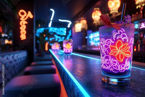 Neon color nightclub with vibrant decorations and glowing drinks, illustrated in a scene where a nightclub features neon-colored decorations, with drinks that glow under the lights, adding to