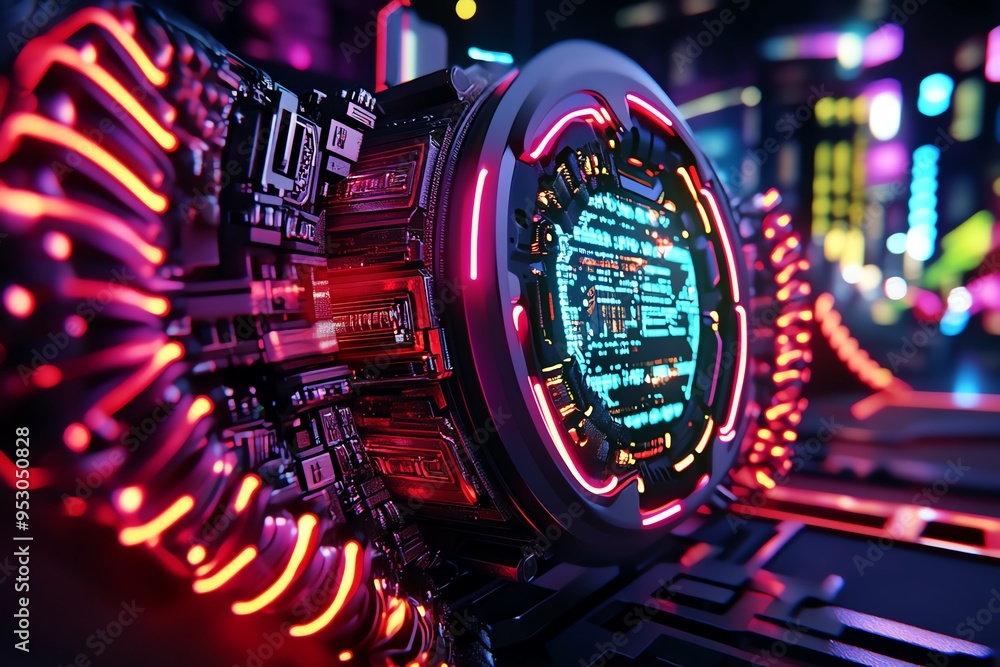 Fototapeta premium Neon color technology with LED lights and digital displays, depicted in an artwork where a futuristic device is illuminated by neon-colored LED lights, with digital displays showing vibrant,