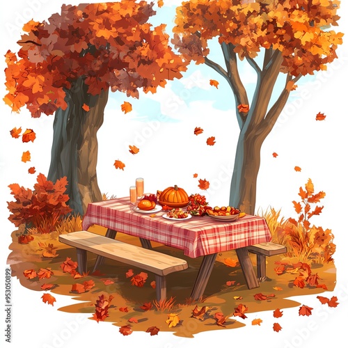 A Thanksgiving dinner set up at a scenic biking trail clipart, cozy and inviting, warm tones with autumn leaves, digital painting, isolated on white background photo