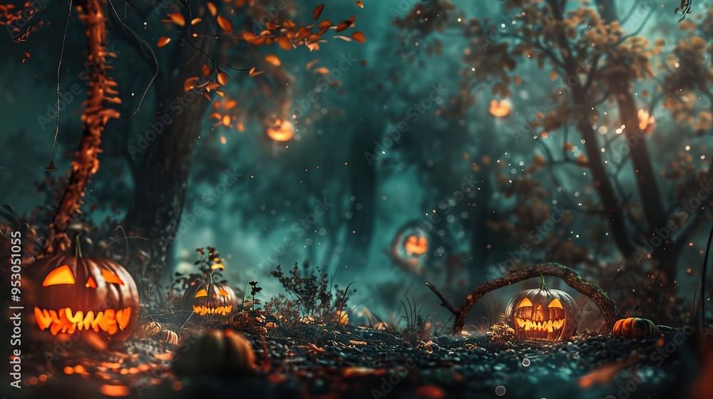 Obraz premium Spooky Halloween Jack-o'-Lanterns Glowing in a Dark Forest