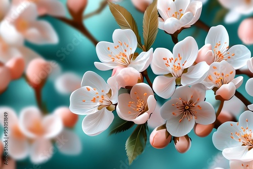 Peach blossom watercolor painting with soft gradients and light tones, illustrated in a scene where peach blossoms are painted in soft pinks and whites, with a background of light green leaves photo