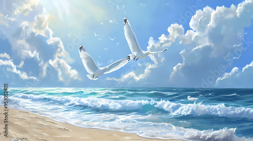 Seagulls flying over ocean waves, tropical beach landscape with white birds in blue sky, sunny coastal scenery with sea foam and clouds