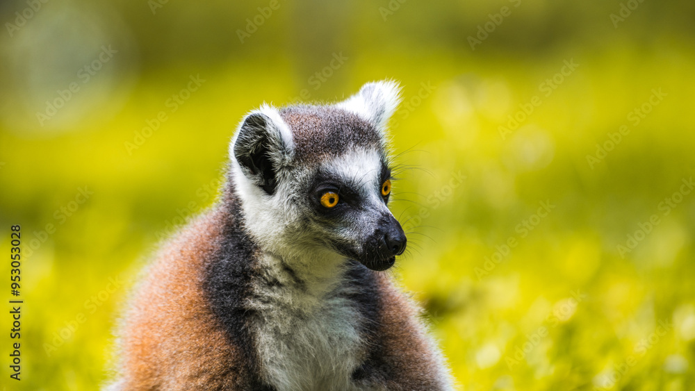 Fototapeta premium Ring-tailed Lemur close-up portrait. striking yellow eyes, dark facial features, and soft fur, against a blurred, lush green background