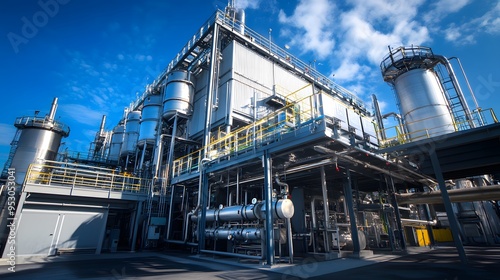 A large industrial plant with many tanks and pipes. The sky is clear and the sun is shining